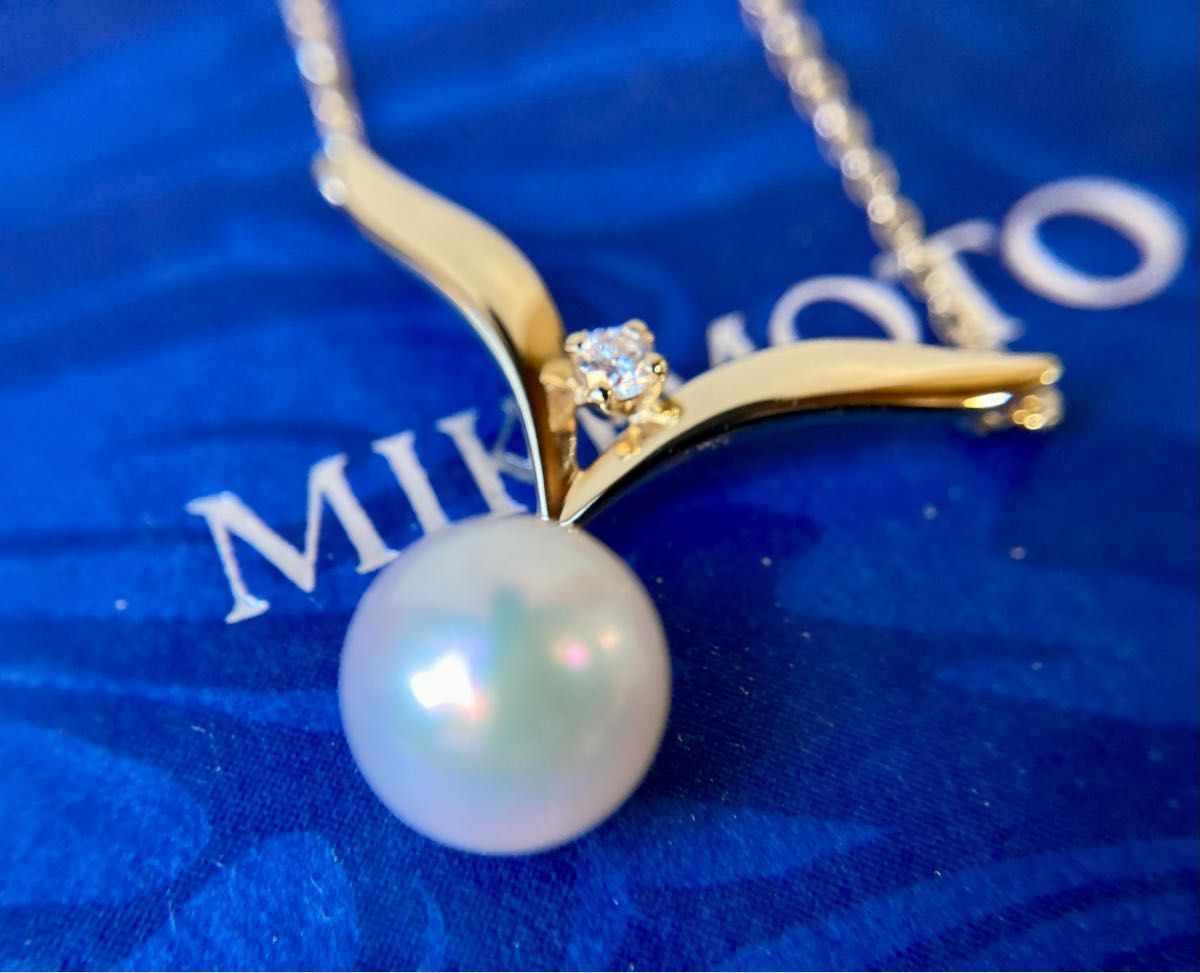 MIKIMOTO  ミキモト　最高級　一粒パール　真珠　1Pダイヤモンド　リーフモチーフ　イエローゴールドネックレス　k18