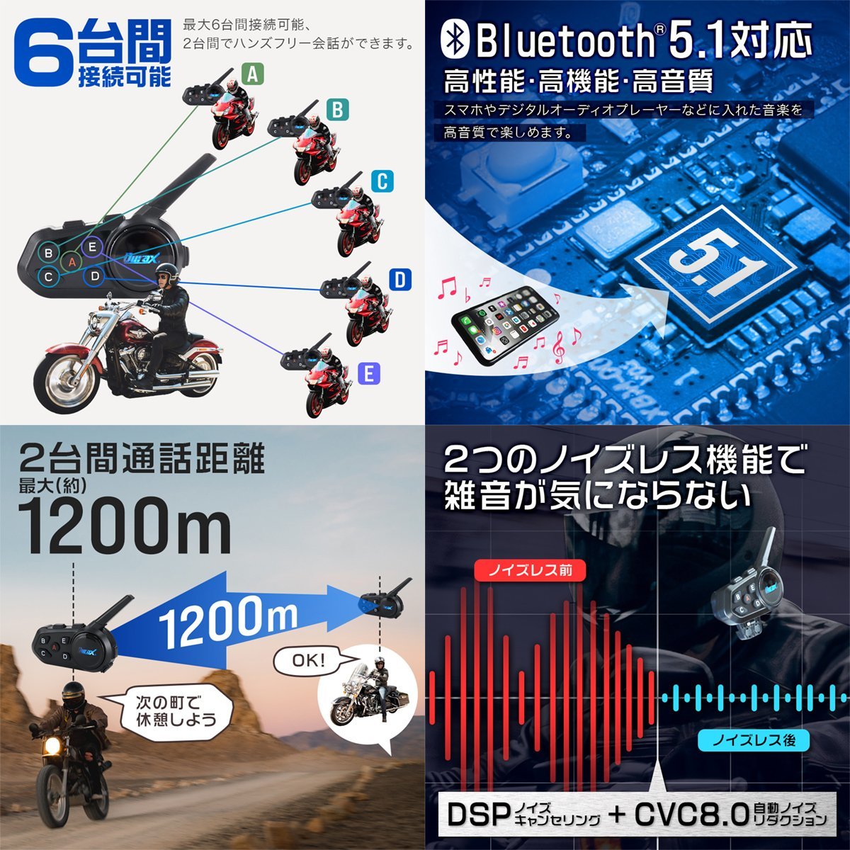 バイク インカム イヤホンマイク 最大6人接続 1200m通信 無線機 トランシーバー インターコム Bluetooth ワイヤレス 防水 ハンズフリー_画像4