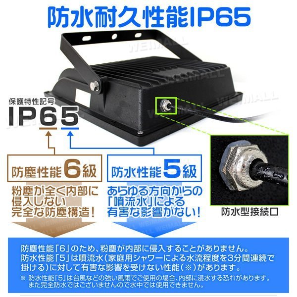 PSE認証 薄型LED投光器 昼光色 200w 2000w相当 防水 広角 黒_防水耐久性能 IP65