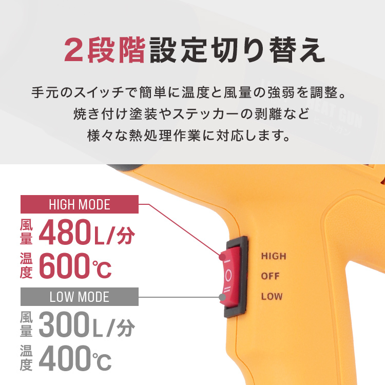 超強力 ヒートガン ホットガン 1800W PSE取得 2段階 強弱調節 アタッチメント付 塗装乾燥 ステッカー剥離 熱融着 工具 DIY 新品_画像7