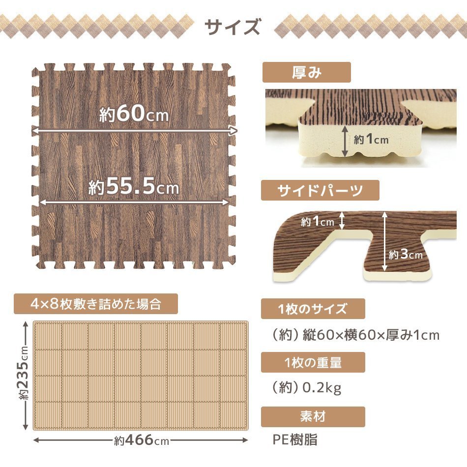 木目調 ジョイントマット 64枚セット 12畳 大判 60×60cm 厚み1cm サイドパーツ縁付 EVAクッション フロアマット 防音 保温 グレー 新品_画像9