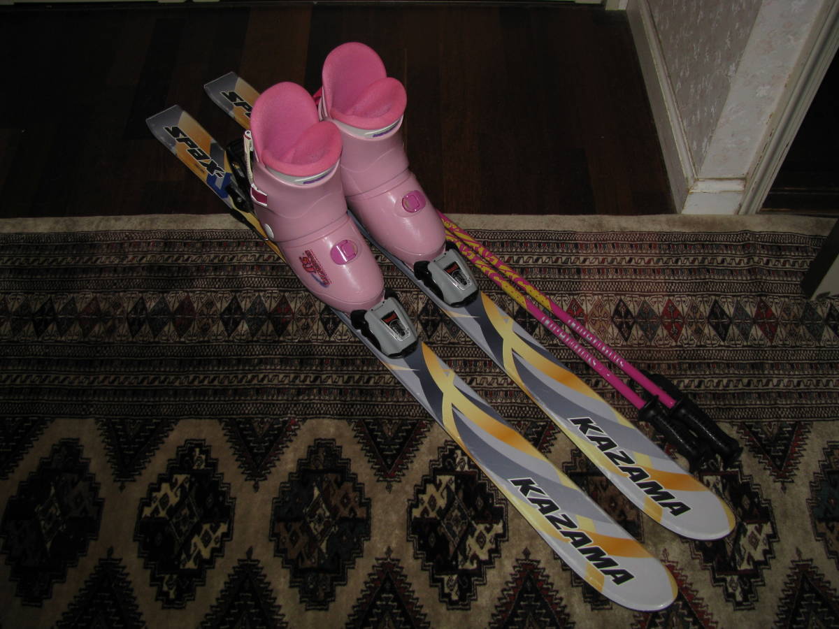 カザマ/KAZAMA SPAXなど子供/ジュニア用スキーセット　板120㎝、ブーツ23㎝、ストック90㎝　中古