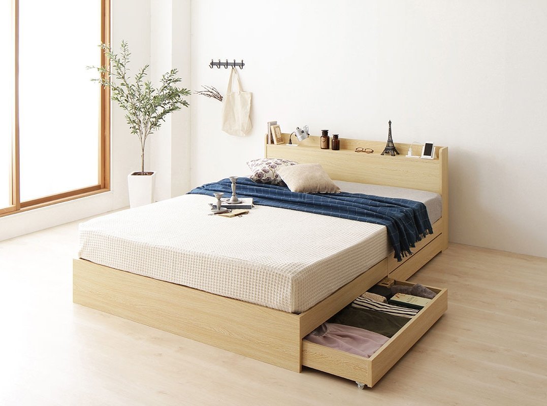 収納付きベッド セミダブルサイズ ナチュラル色 /ボンネルコイル