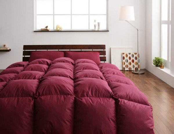 羽毛布団セット ベッド用１０点 キングサイズ 色-ワインレッド /ニューゴールドラベル 防カビ消臭処理