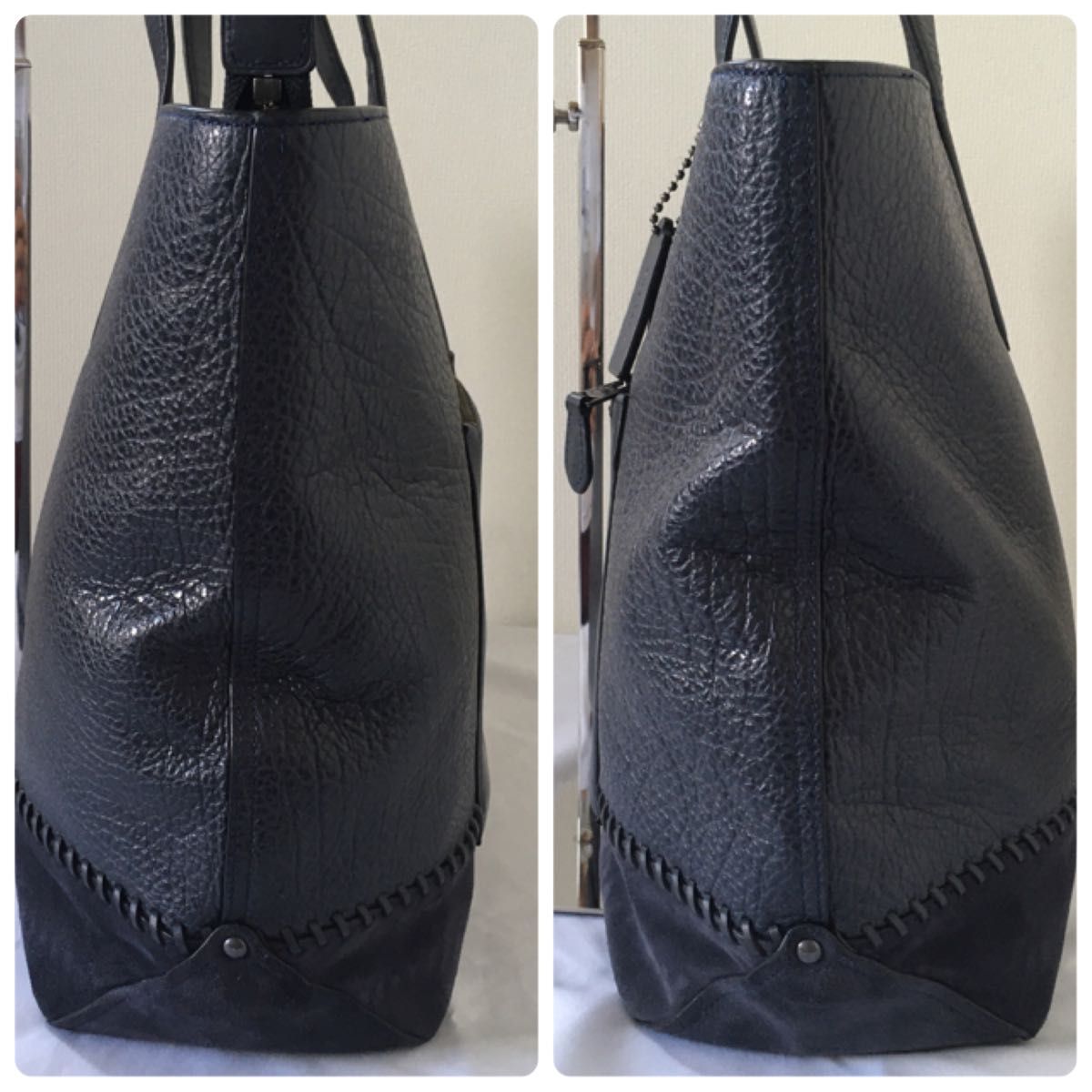 美品】COACHトートバッグ ビジネスバッグ 肩掛け可能 ネイビー レザー