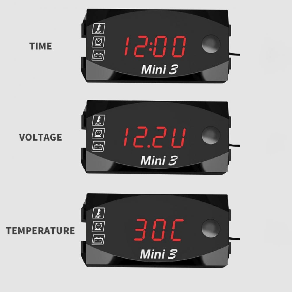 バイク用 電圧計/温度計/時計 3in1 防水・防塵 デジタルメーター 赤 LED表示 ボルトメーター 12V 【送料無料】_画像3