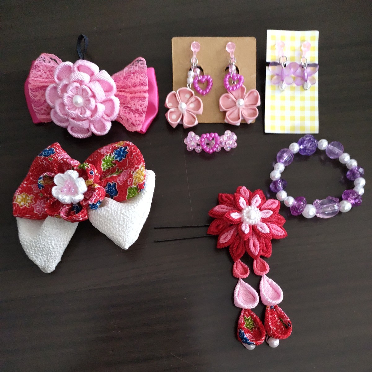 7 point set hair ornament hair elastic Kids earrings knob skill hand made The Seven-Five-Three Festival coming-of-age ceremony graduation ceremony 