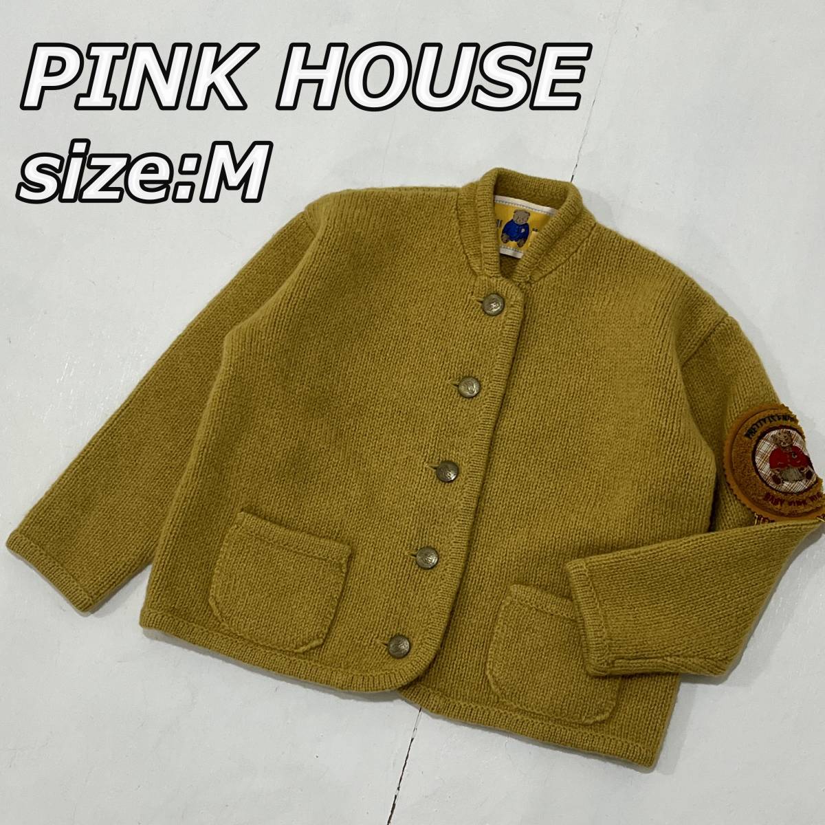 size:M[PINK HOUSE] Pink House Kids шерсть кардиган жакет Bear - нашивка горчица сделано в Японии P0554KAL04