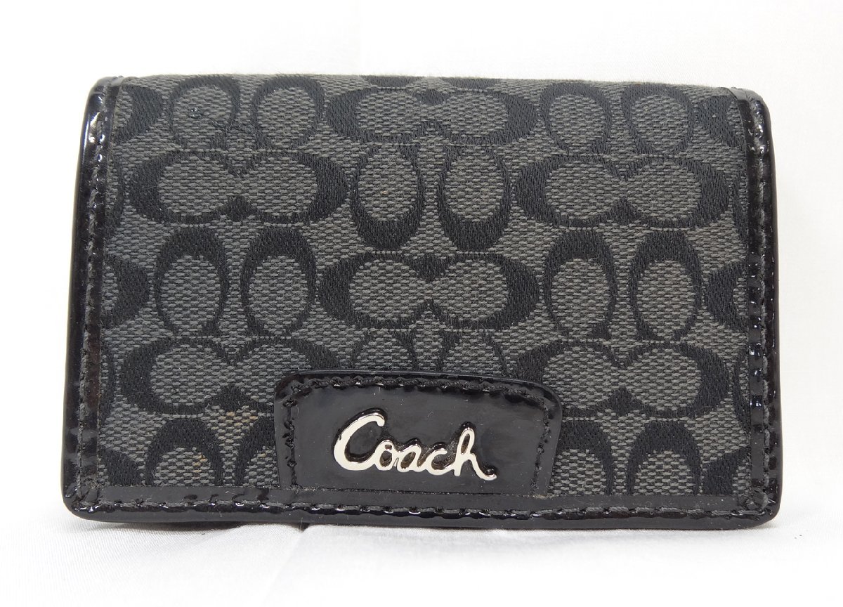 送料520円 中古 COACH/コーチ シグネチャー 名刺入れ カードケース ブラック ジャガード レザー ミニ 財布_画像1