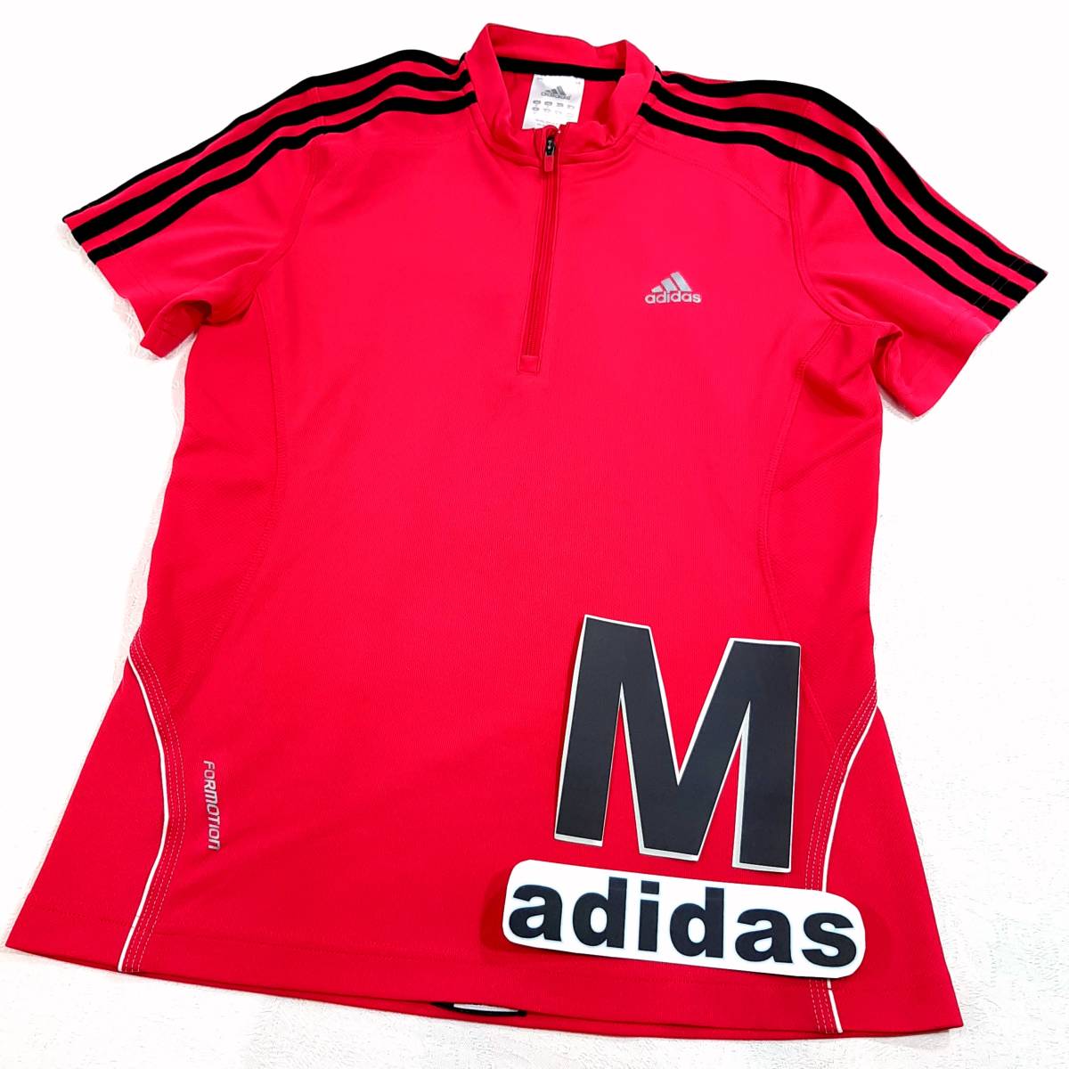 s9★送料込★adidas アディダス★吸汗速乾ドライメッシュ生地 ハーフジップ 半袖Tシャツ★レディースMサイズ 濃いピンク スポーツ ジムに