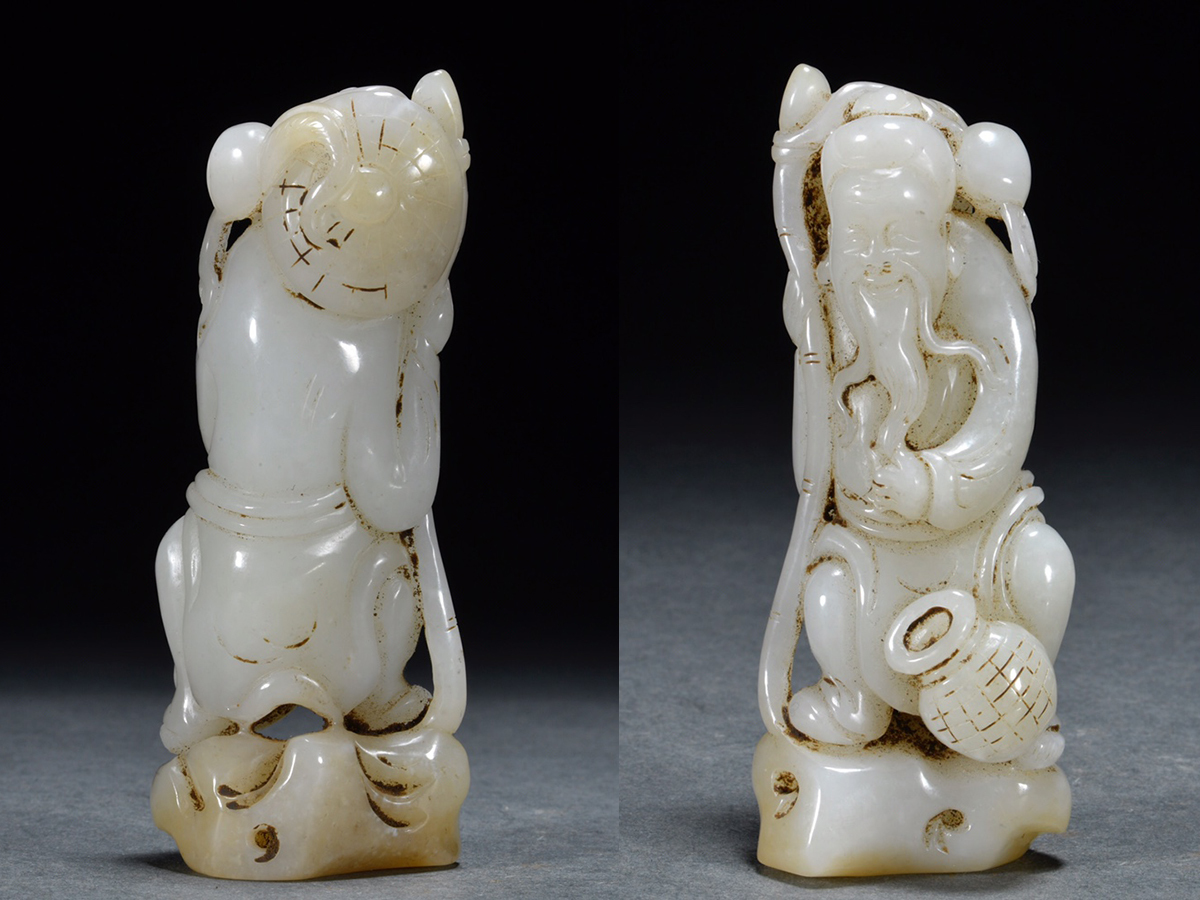 ▽鴻▽清朝時代 和田玉彫 山水人物詩文原石彫り件 時代物 中国古美術 