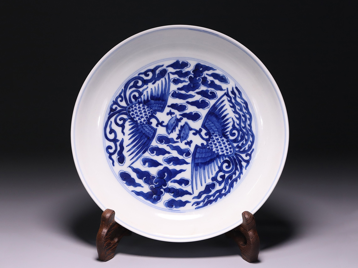 本物の 染付 官窯青花鳳紋盤 光緒年製款 陶磁器 ▽鴻▽清朝時代 時代物