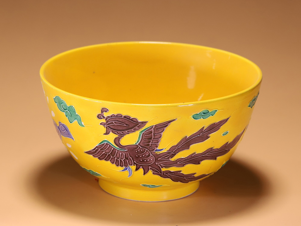 専門店では 染付 素三彩鳳紋碗 陶磁器 ▽鴻▽清朝時代 時代物 骨董品
