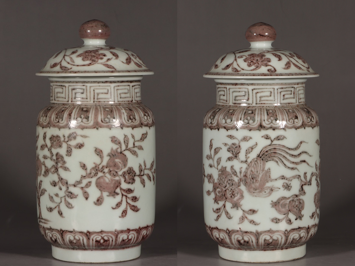 最新情報 染付 釉裡紅三多紋茶葉罐 宣徳年製款 陶磁器 ▽鴻▽明朝時代