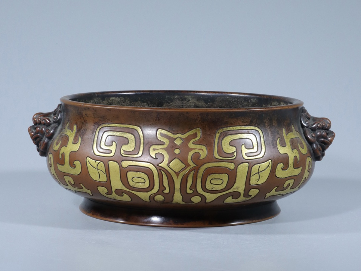 上品な 古銅塗金彫 ▽鴻▽明朝時代 饕餮紋獅耳炉 骨董品 中国古美術