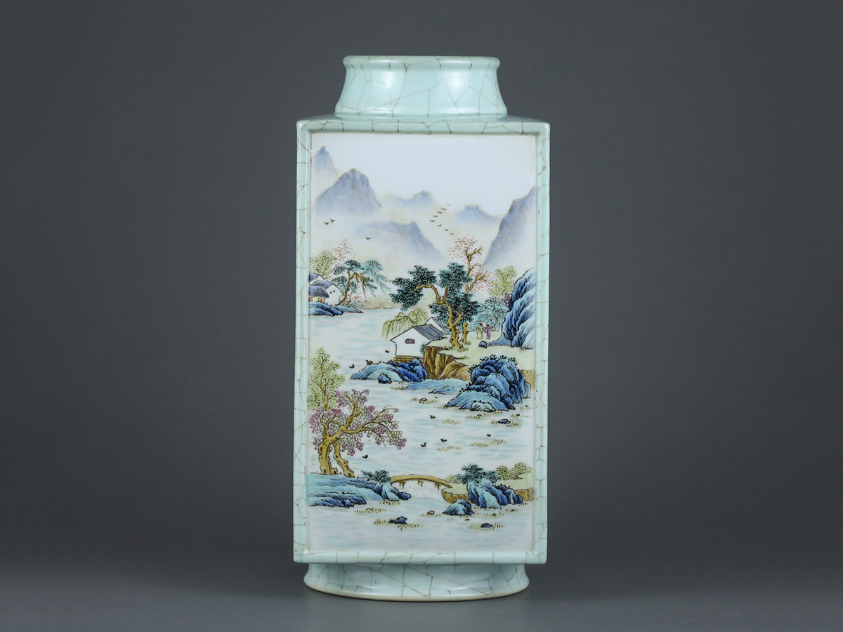最新のデザイン乾隆年製款陶磁器▽鴻▽清朝時代天青釉開窗粉彩山水図