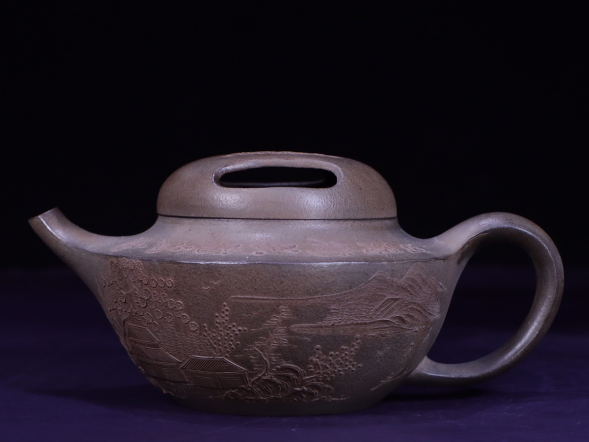 休日限定▽鴻▽後手急須骨董品中国古美術時代物王東石製款泥絵山水房屋
