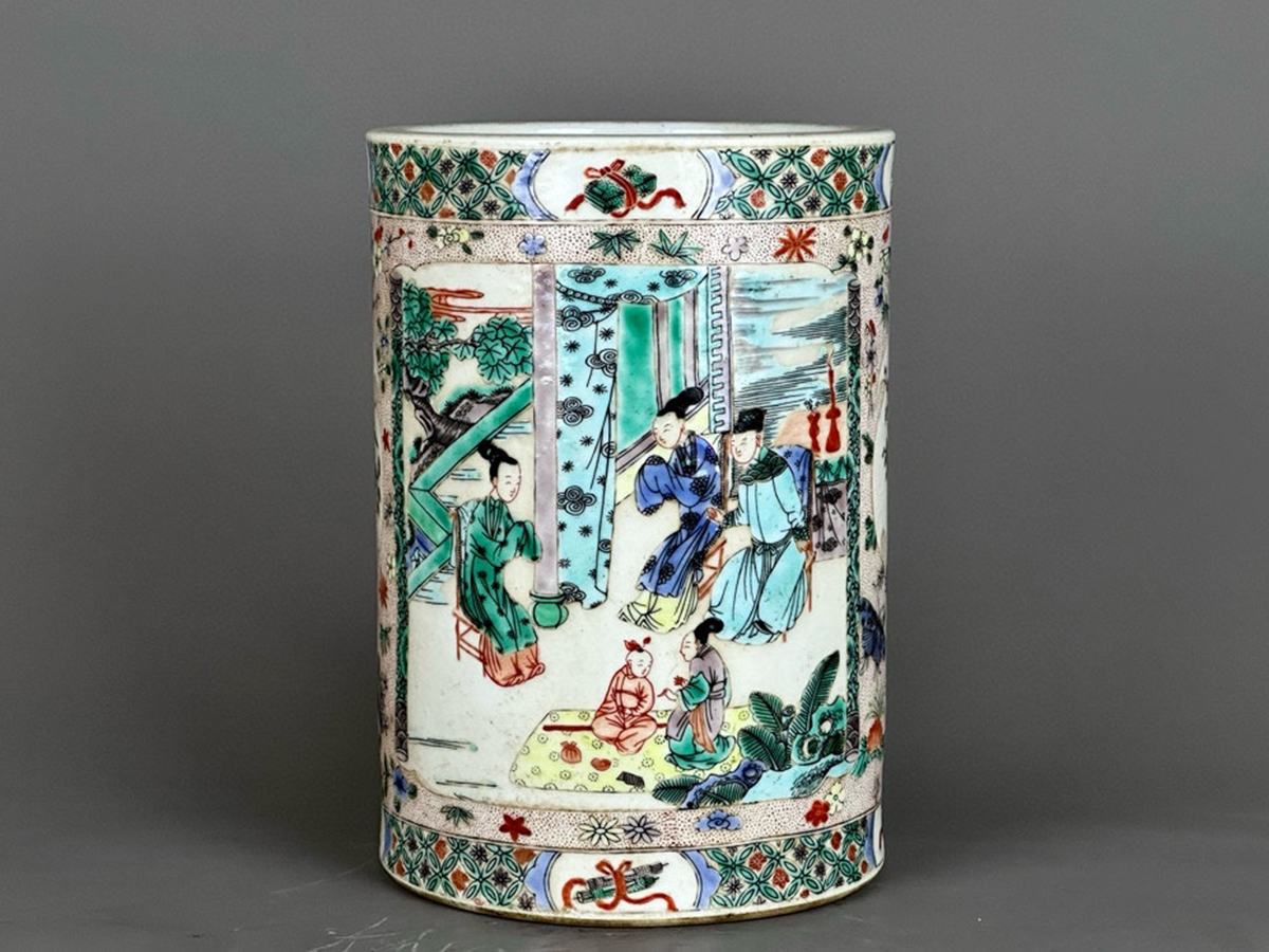 上品な康熙年製款陶磁器▽鴻▽清朝時代五彩人物紋筆筒骨董品中国古美術
