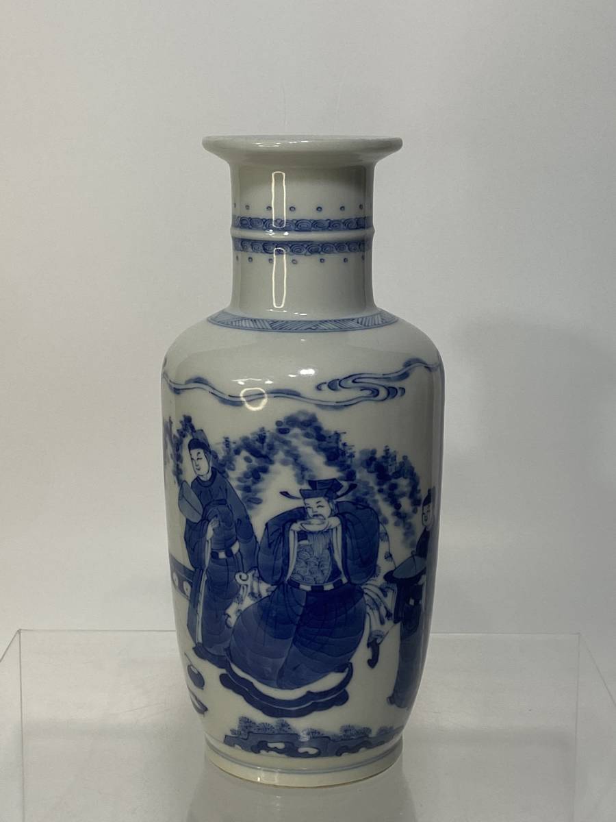 ▽鴻▽清朝時代 陶磁器 青花人物物語紋棒槌瓶 染付 時代物 中国古美術