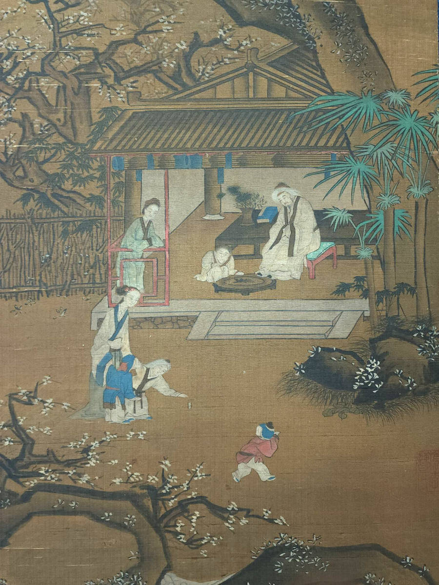 ▽鴻▽古書道【明時代・唐寅筆・人物山水図】 真筆肉筆 絹本 骨董書画