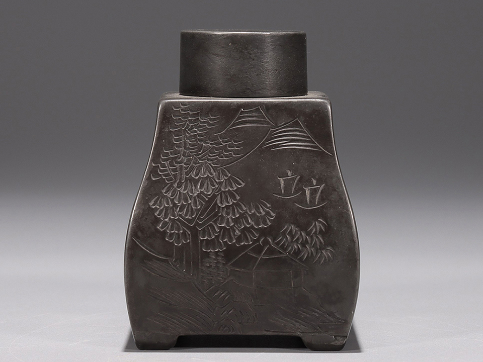 ▽鴻▽清朝時代 錫胎彫 風景漢詩紋茶葉罐 時代物 中国古美術 骨董品のサムネイル