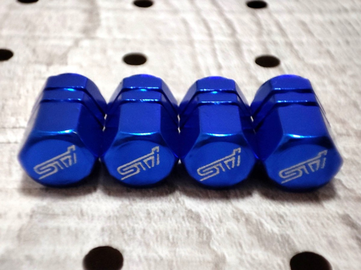 STI エアーバルブキャップ(大) 4P【ブルー】フォレスター レグォーグ XV インプレッサスポーツ/G4 レガシィアウトバック BRZ WRX S4_画像1