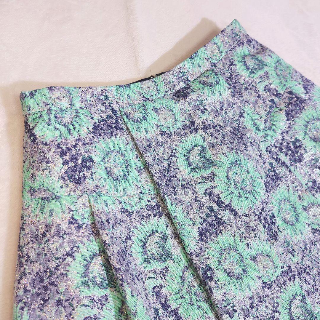 CROLLA ゴブラン織り風 ラメ混・膝上スカート フレア 総柄 サイズ38 M ミニスカートエメラルドグリーン&ネイビー&白&シルバー80194_画像3