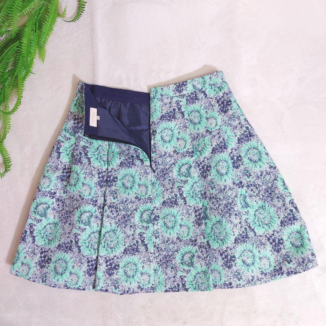 CROLLA ゴブラン織り風 ラメ混・膝上スカート フレア 総柄 サイズ38 M ミニスカートエメラルドグリーン&ネイビー&白&シルバー80194_画像7