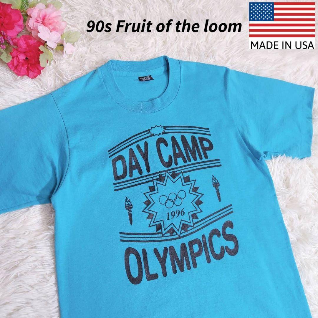 USA製 90s fruit of the loom プリントTシャツ アメリカのボーイズの14-16 青ブルー系90年代シングルステッチ丸胴 67742_画像1