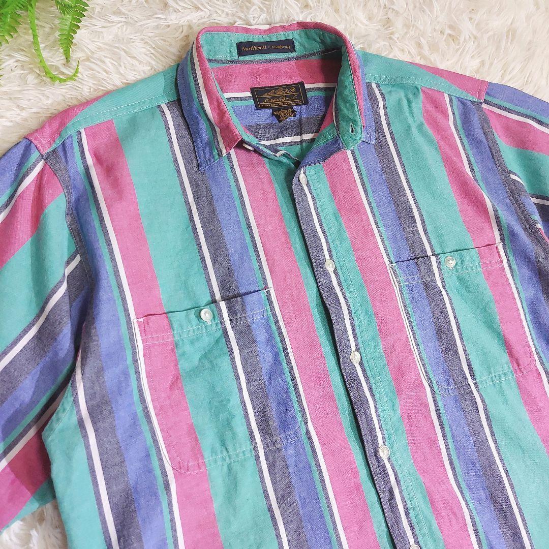 90s Eddie Bauer シャンブレー・マルチストライプ半袖シャツ 黒タグ 表記サイズL 実質XL マルチカラー 90年代 ビンテージ 1978