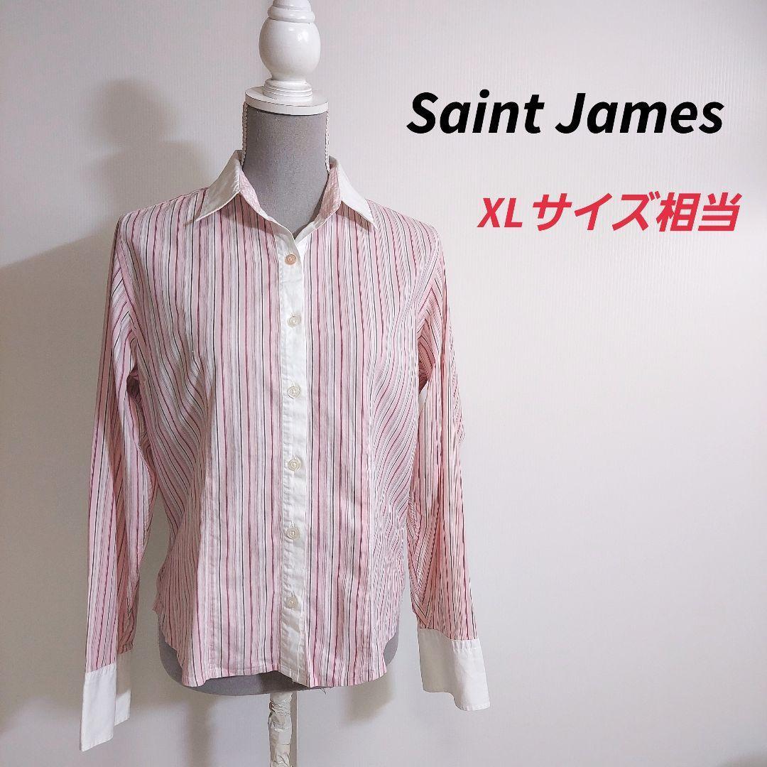 Saint James マルチストライプ長袖シャツ・ストレッチ素材 XL相当 白&ピンク&ダークグレーなど ゆったりデザイン81294_画像1