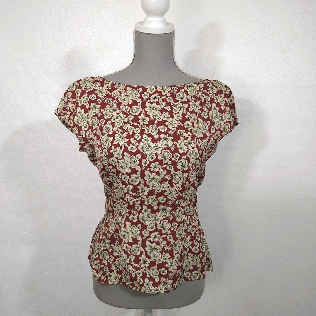 ROPE 花柄ノーカラーブラウス&膝丈スカート セットアップ 表記サイズM 半袖 フレンチスリーブ風 78704_画像9