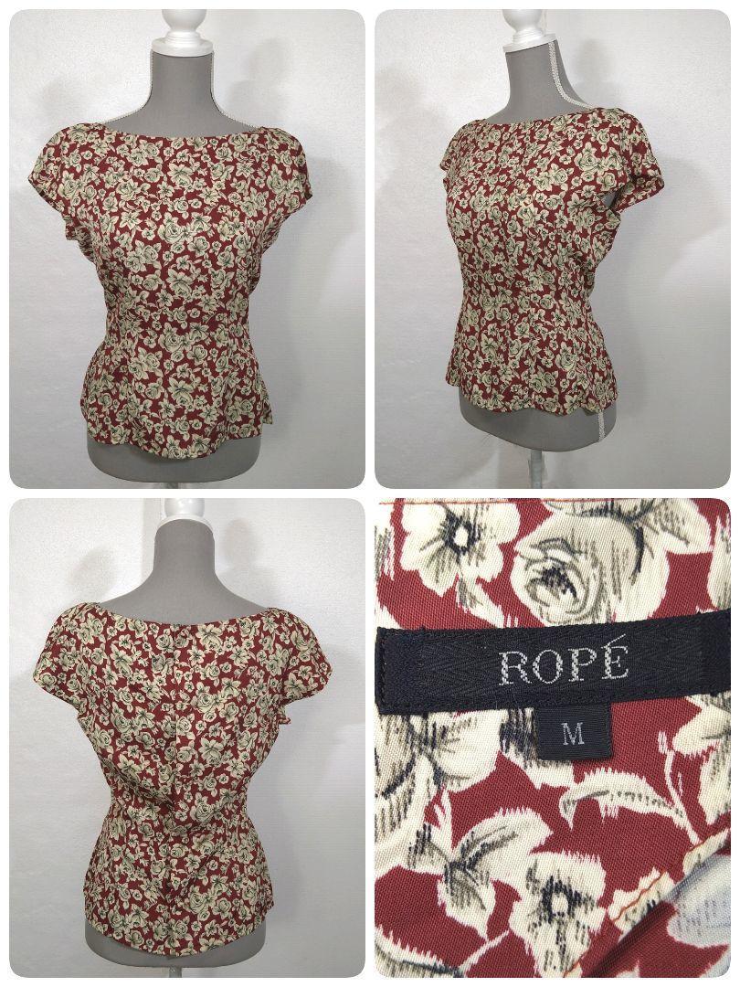 ROPE 花柄ノーカラーブラウス&膝丈スカート セットアップ 表記サイズM 半袖 フレンチスリーブ風 78704_画像2