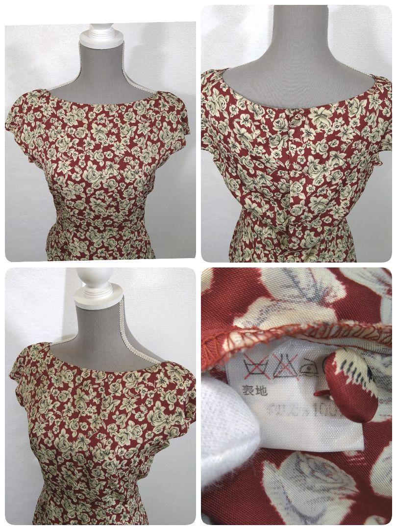 ROPE 花柄ノーカラーブラウス&膝丈スカート セットアップ 表記サイズM 半袖 フレンチスリーブ風 78704_画像3