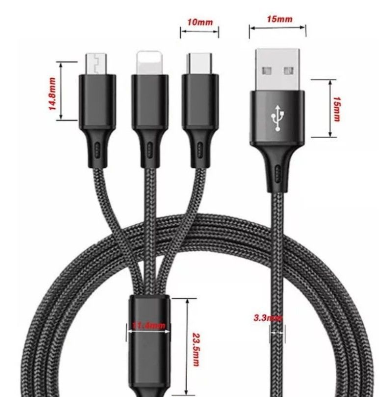 3in1充電ケーブル 3本(ブルー1本 シルバー1本  レッド1本)