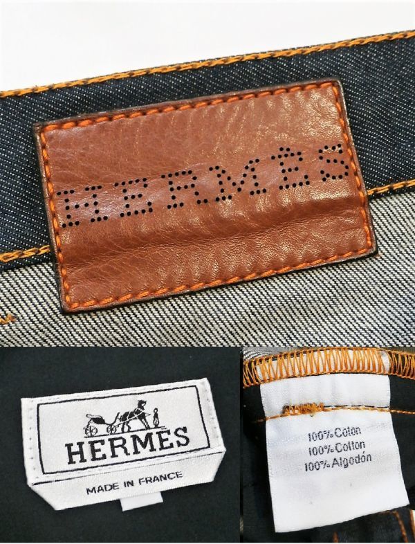 ★ 正規品 HERMES MENS レザーパッチロゴ ウォッシュ加工デニムパンツ エルメス インディゴデニム ジーンズ セリエボタンフライ 42 ER-2-1_画像8