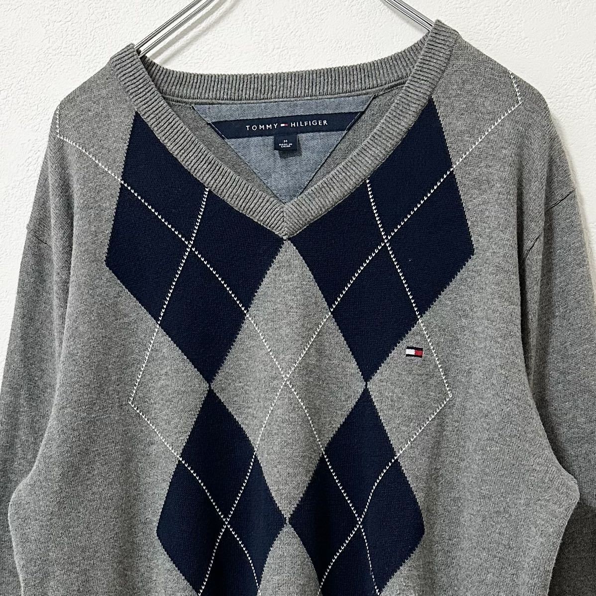 TOMMY HILFIGER/トミーヒルフィガー★アーガイル★ニット・セーター★グレー×ネイビー/灰×紺★M_画像4