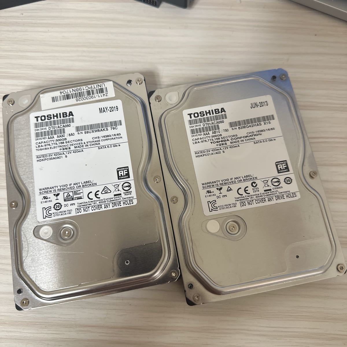 Q349/Q350(二枚セット):【動作保証/使用0時間 /AVコマンド対応】TOSHIBA DT01ACA050 3.5インチHDD 500GB SATA_画像1