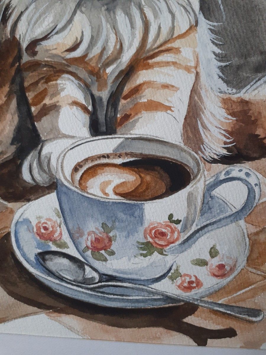 水彩画　子猫のコーヒータイム