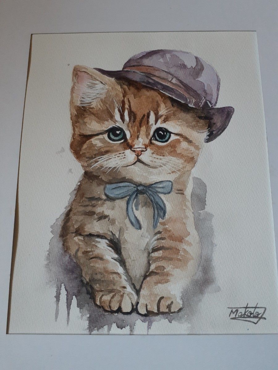 水彩画　帽子の似合うオシャレな子猫