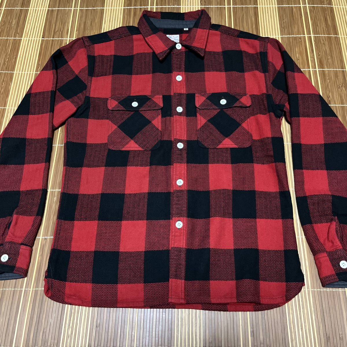 【美品】FLATHEAD フラットヘッド シャツ 40 L 赤x黒 ブロック ネルシャツ_画像2