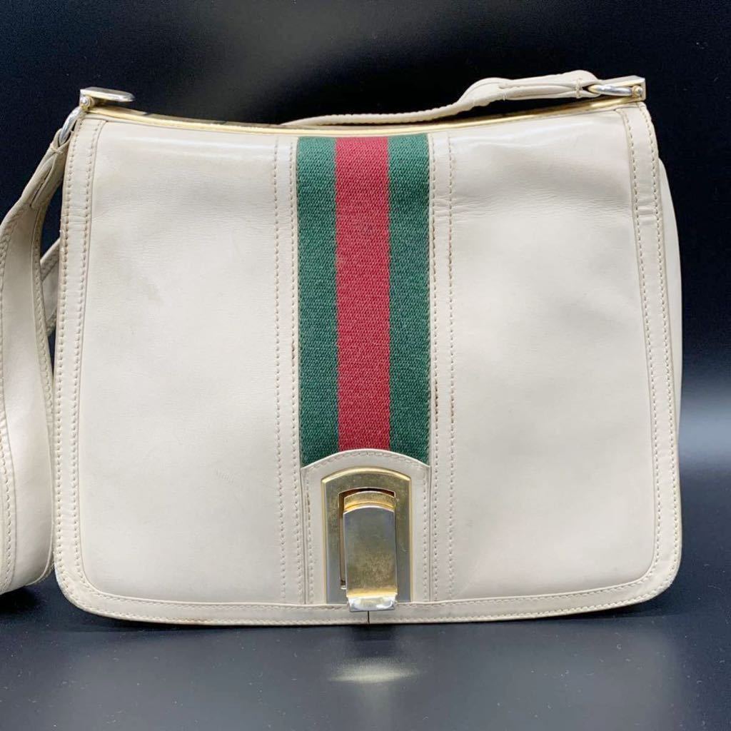 希少 GUCCI オールドグッチ ヴィンテージ ショルダーバッグ ゴールド金具 シェリーライン GG オールレザー ビンテージ 白 ホワイト グッチ_画像2