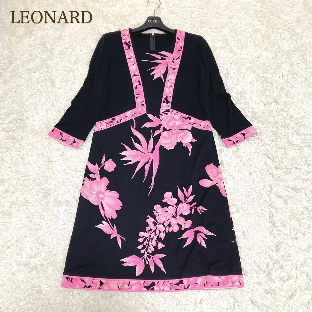 極美品　LEONARD　レオナール　ワンピース　カンカン　花柄　黒地　ピンク　38　日本製_画像1