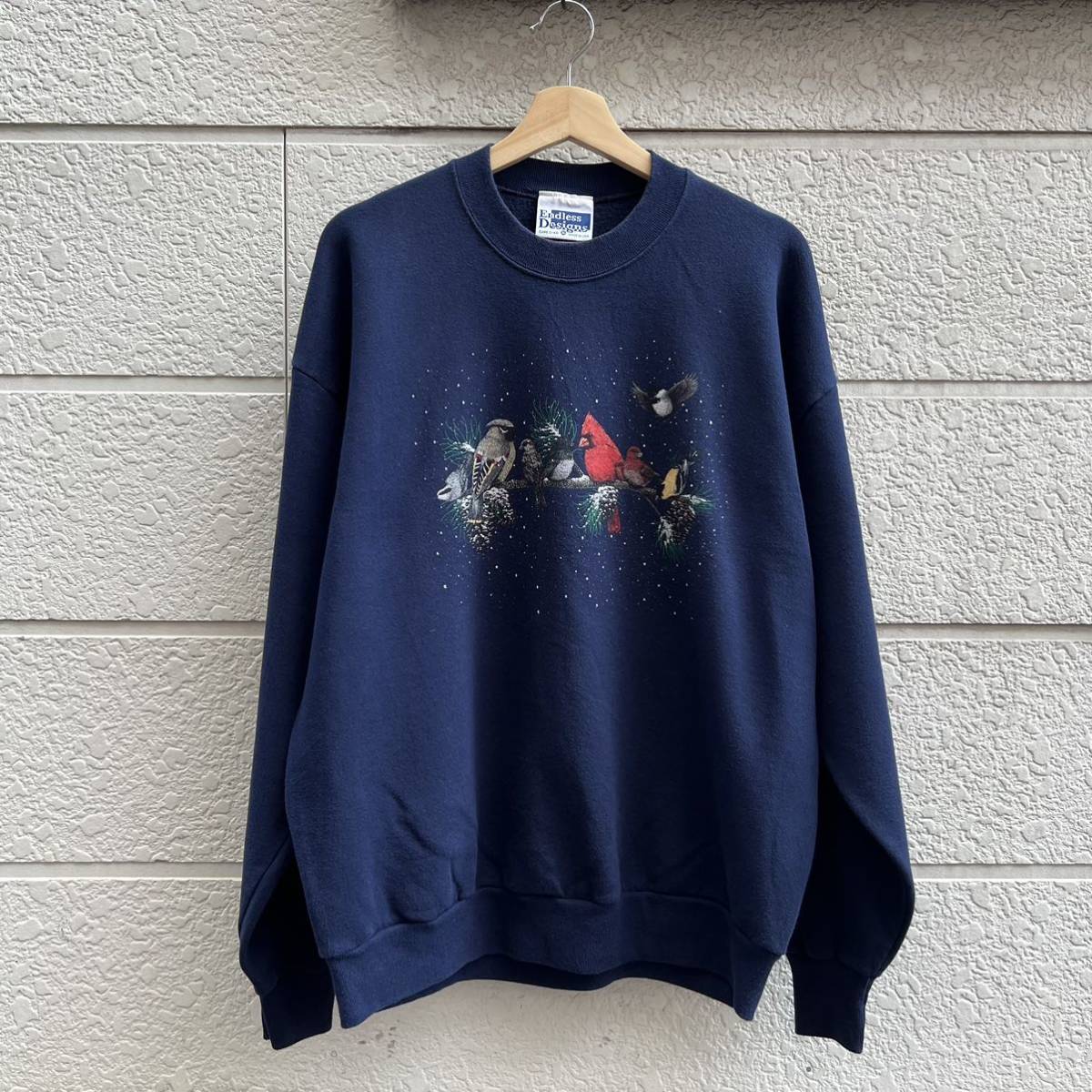 90s USA製 ネイビー プリント スウェットシャツ トレーナー 鳥柄 風景プリント Endless Designs アメリカ製 古着 vintage ヴィンテージ XL_画像2