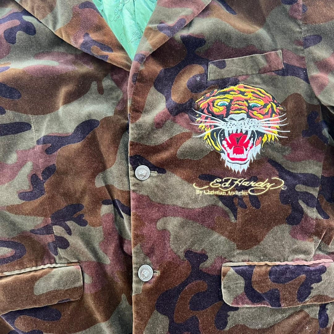 超豪華 Ed Hardy 虎 バック刺繍 袖刺繍 テーラードジャケット ベロア