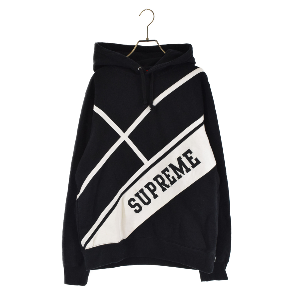 SUPREME シュプリーム 18SS Diagonal Hooded Sweatshirt ダイアゴナルスウェットプルオーバーパーカー ブラック/ホワイト