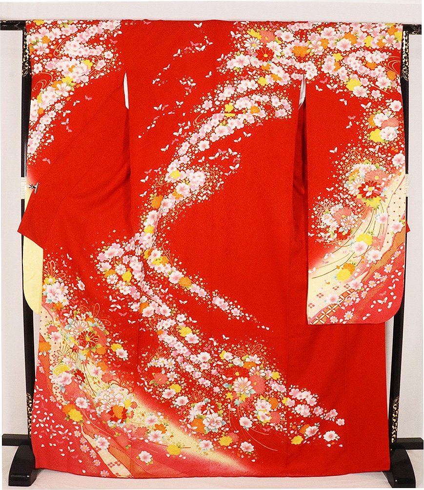 本振袖 正絹 赤 黄色 赤紫 桜 菊 牡丹 花束 蝶 トールサイズ