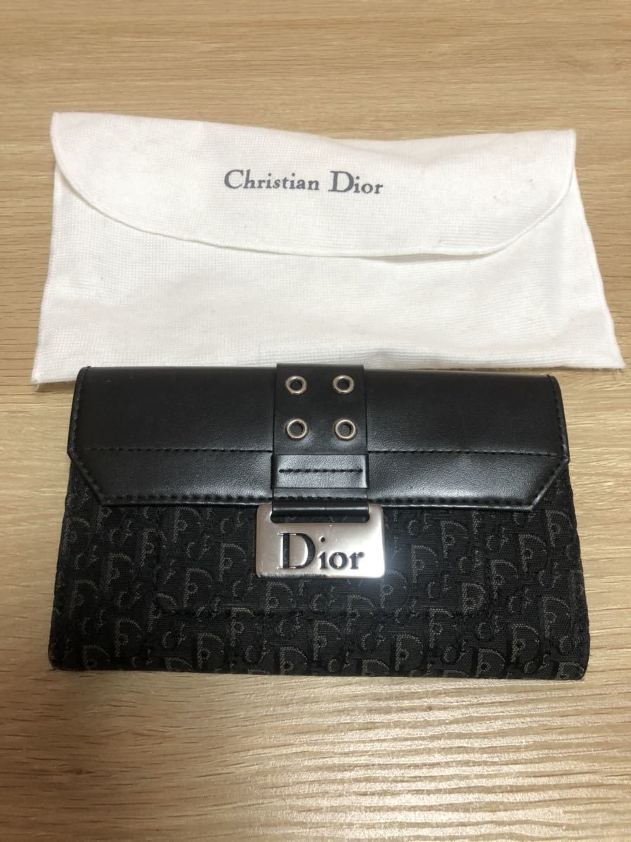 Christian Dior クリスチャンディオール トロッター 三つ折り財布 財布 ウォレット ブラック 黒 キャンバス×レザー レディース USED