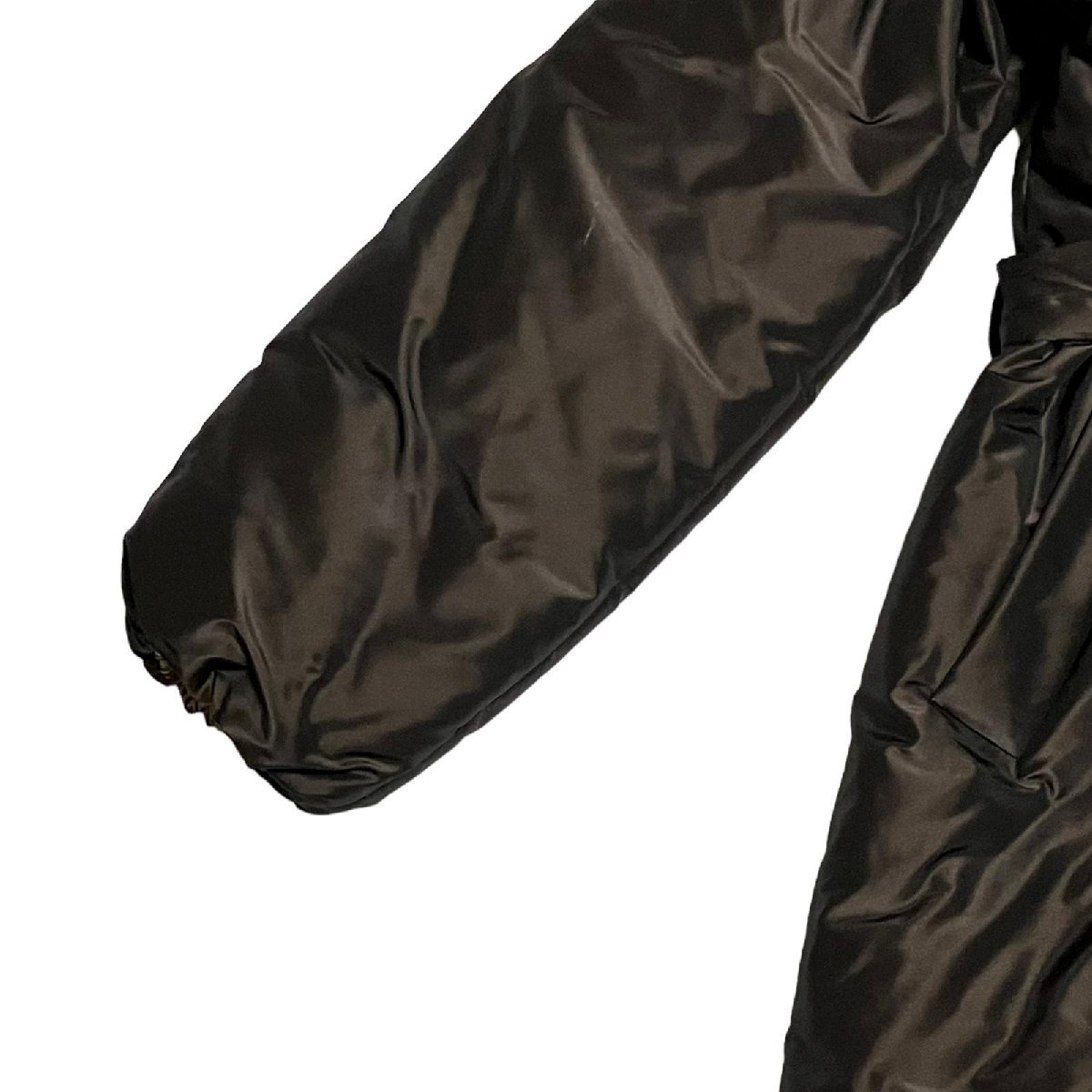 HERMES エルメス 国内正規品 ダウン100% ジャケット コート フード ベルト付き ポリエステル×シルク 羊革 ブラウン系 レディース サイズ40_画像4