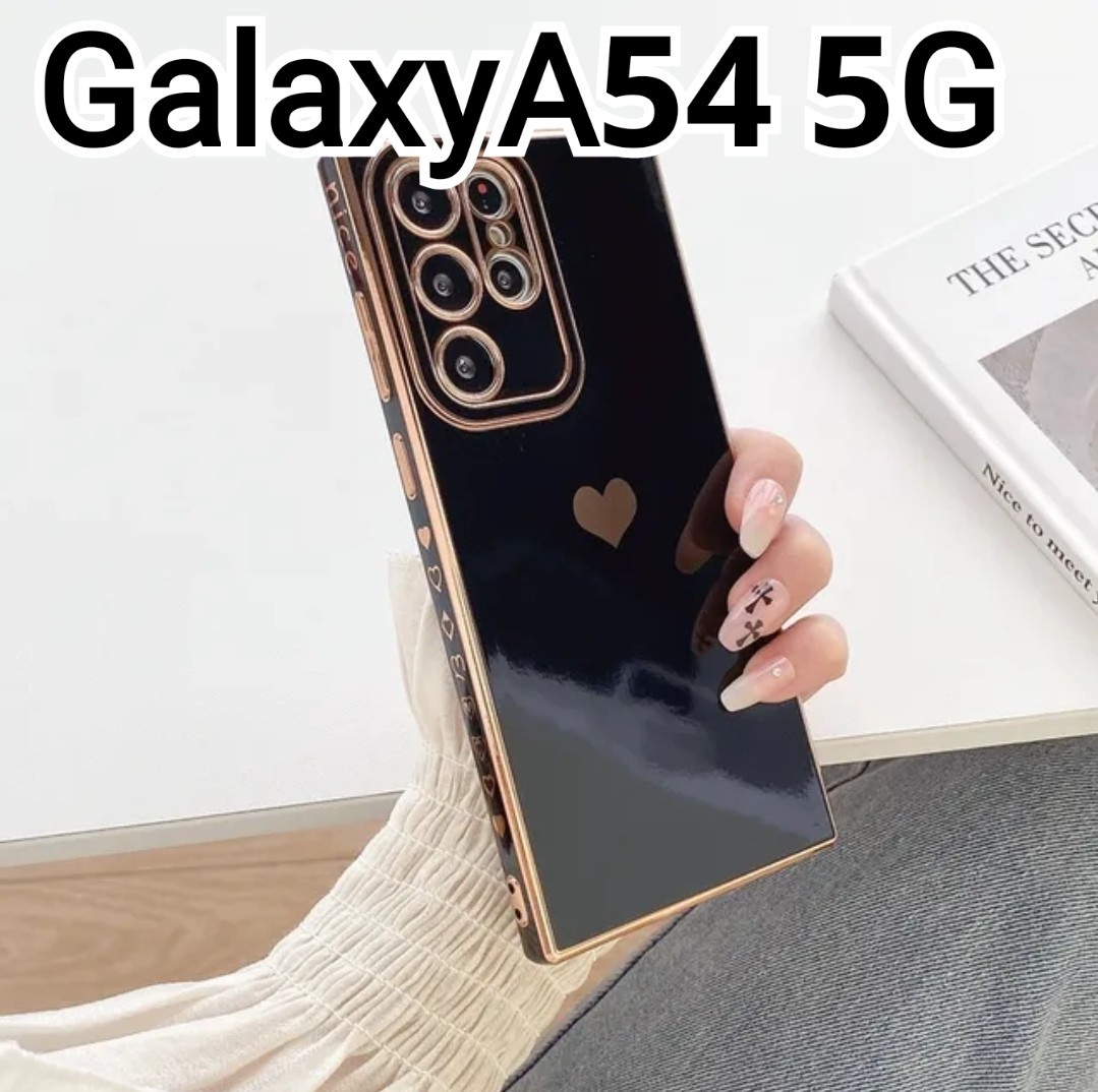 GalaxyA54 ケース　ブラック　黒　ハート　ふちどり　メッキ風　可愛い_画像1